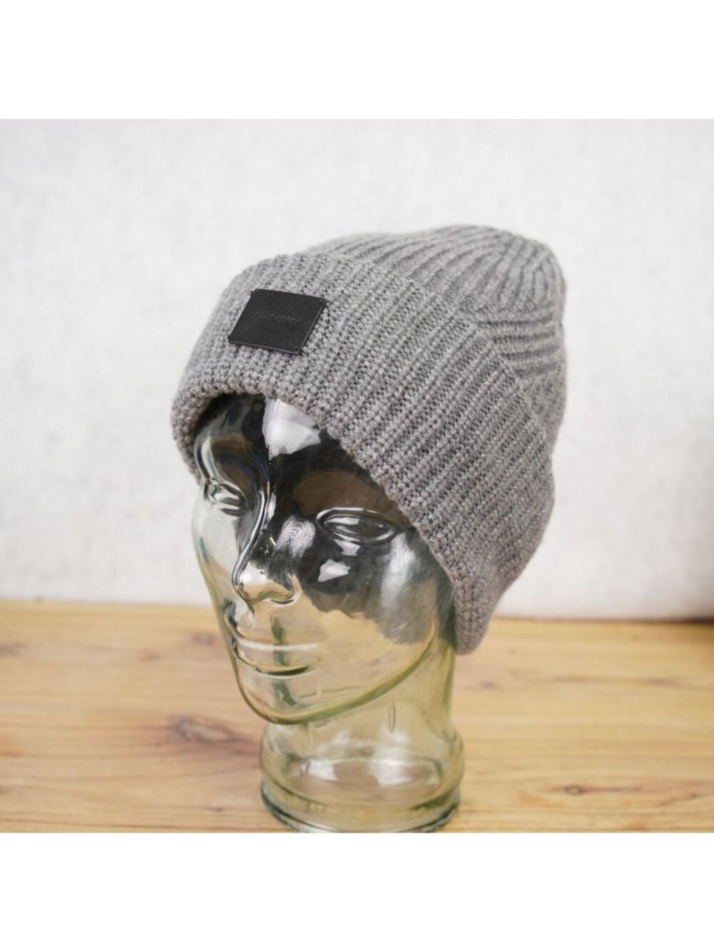 AllSaints Traveling Rib Knit Wool Blend Beanie Hat With Logo Patch Unisex Gray